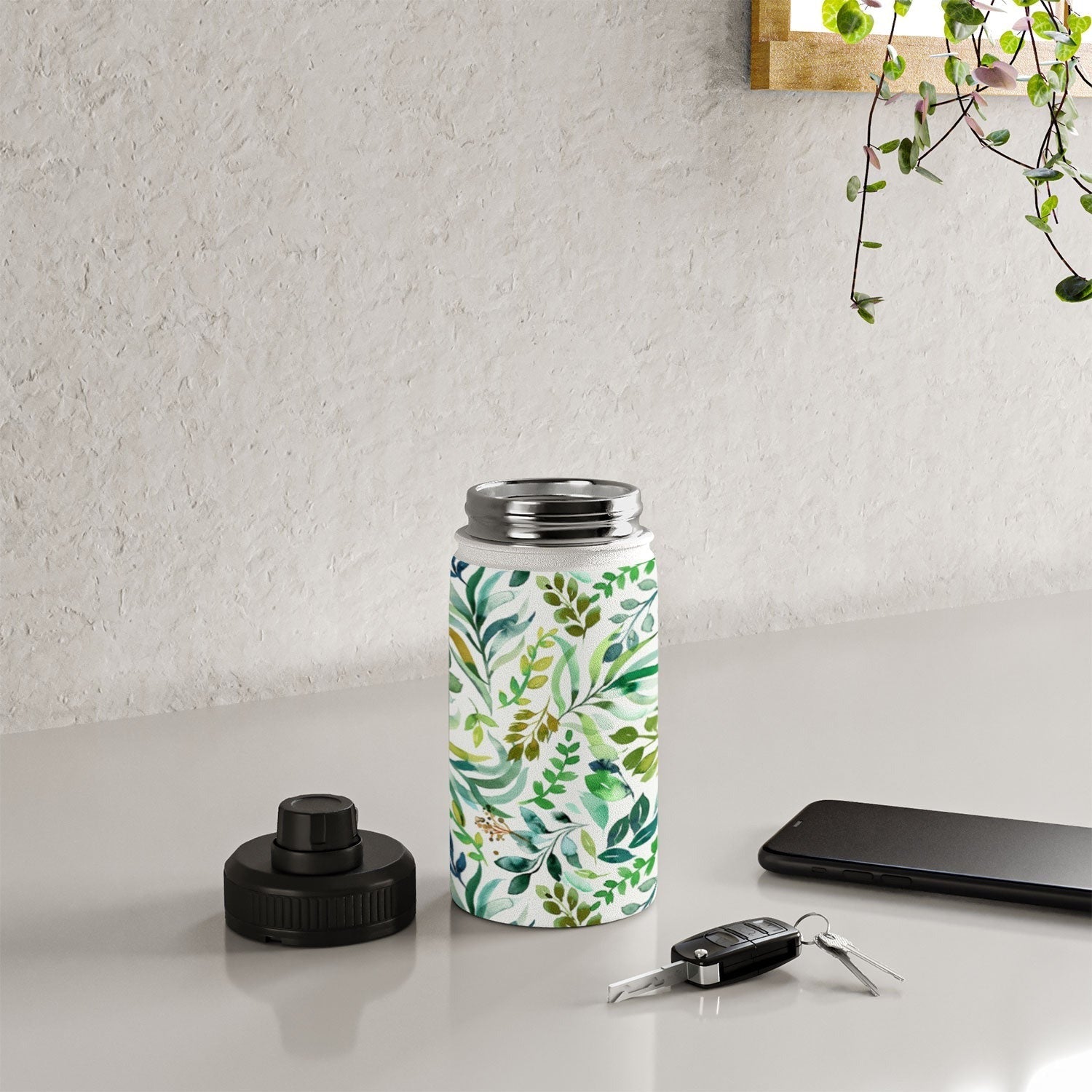 Ninola Design Botanic Retreat Loose Botanical Leaves Watercolor Green Water Bottle