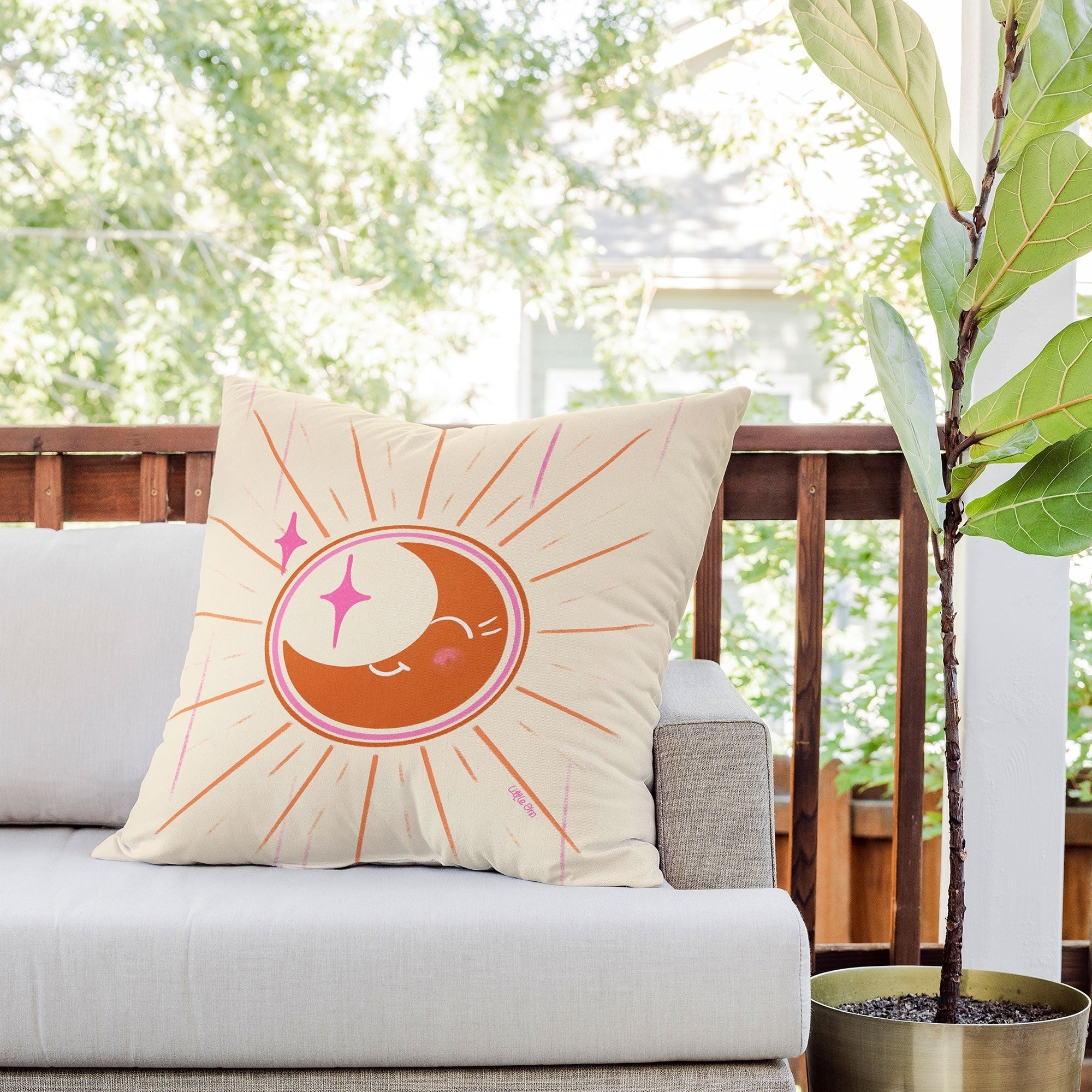 Little Om Celestial Moon cream Outdoor Throw Pillow