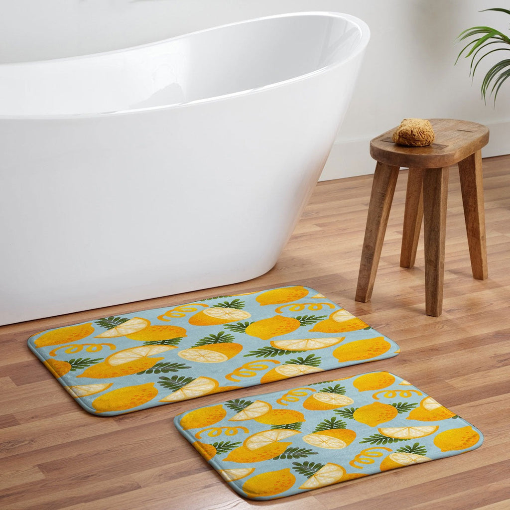 Jessica Molina Lemon Pattern on Sky Blue Memory Foam Bath Mat