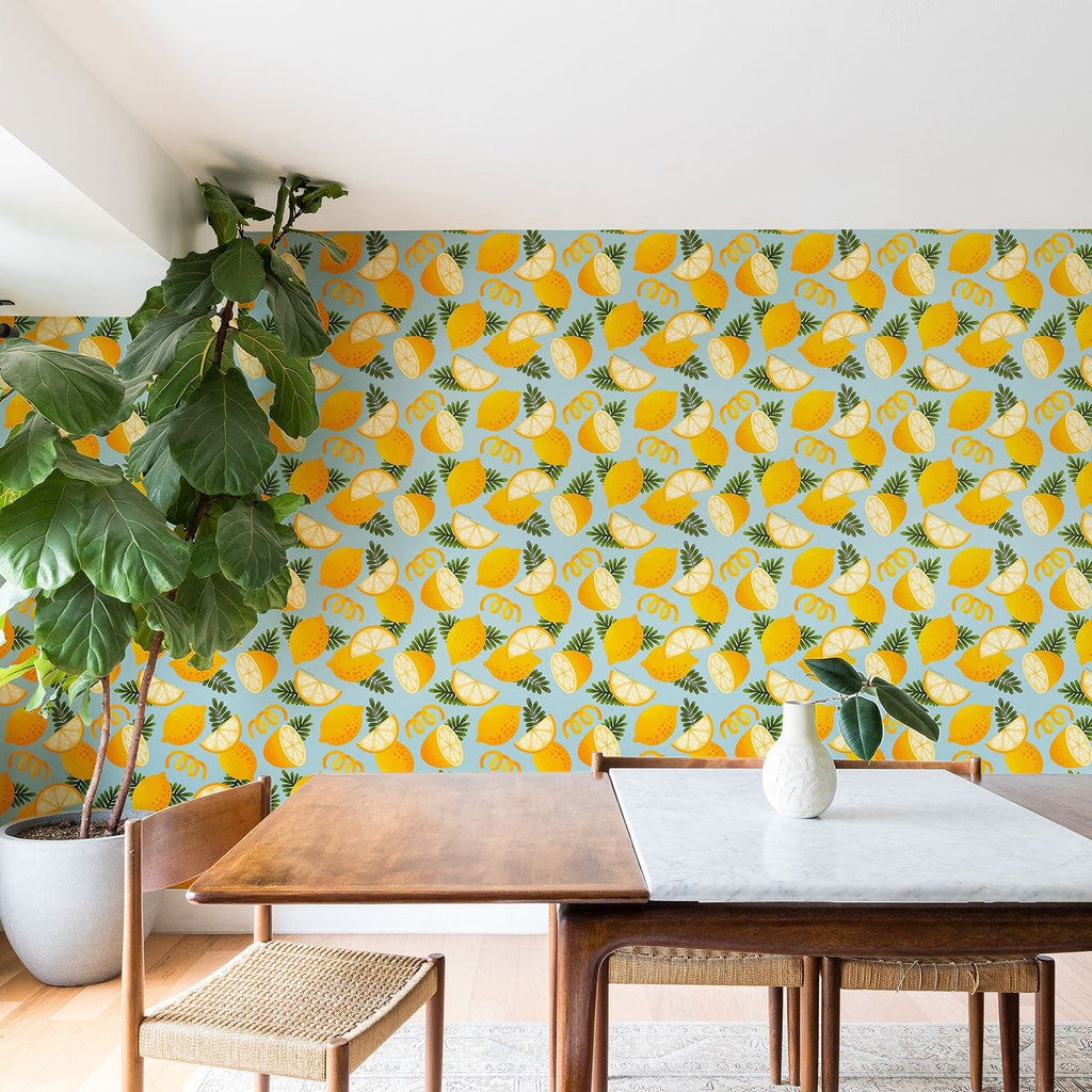 Jessica Molina Lemon Pattern on Sky Blue Wallpaper