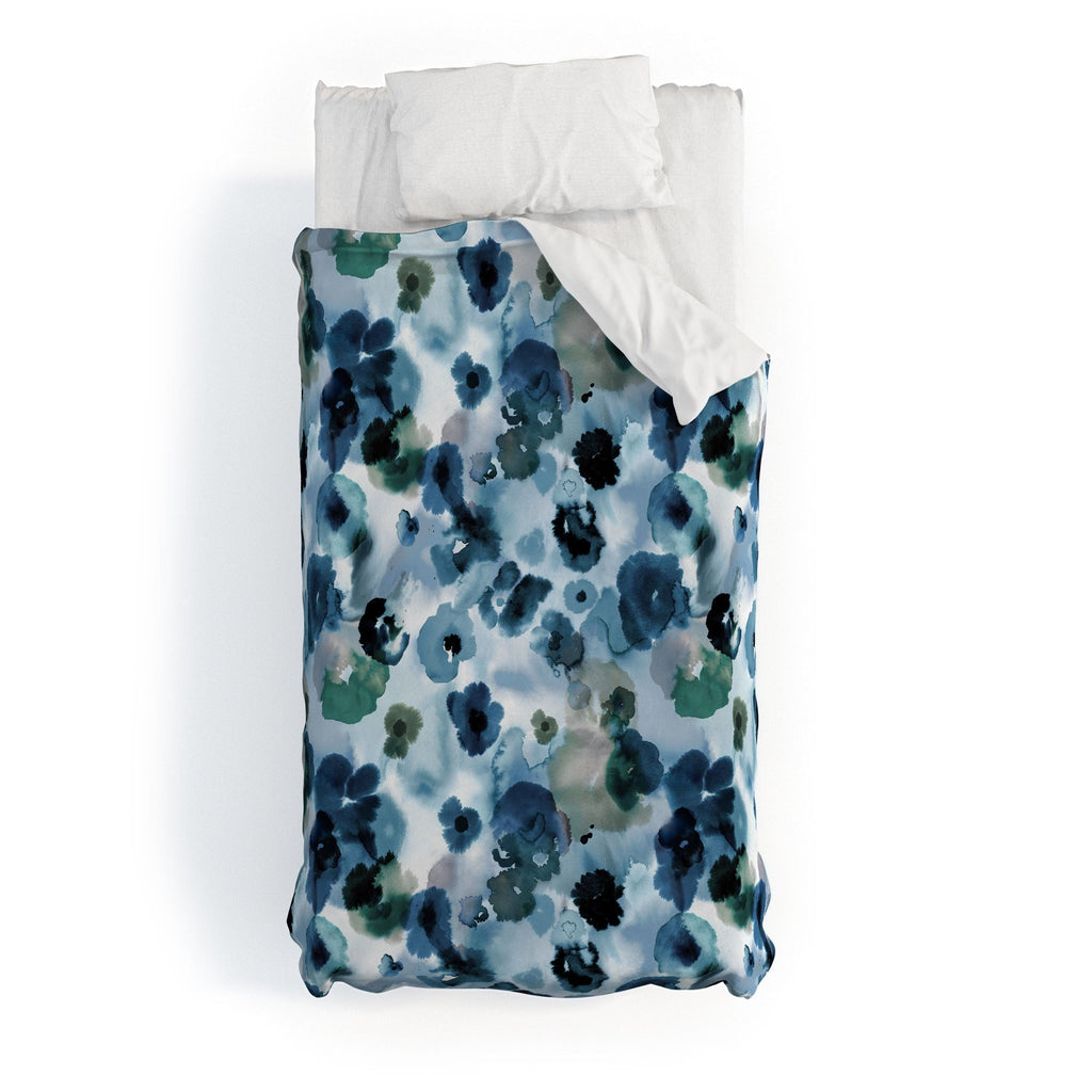 Ninola Design Botanic Retreat Ombre Abstract Watercolor Flowers Blue Navy Duvet Cover