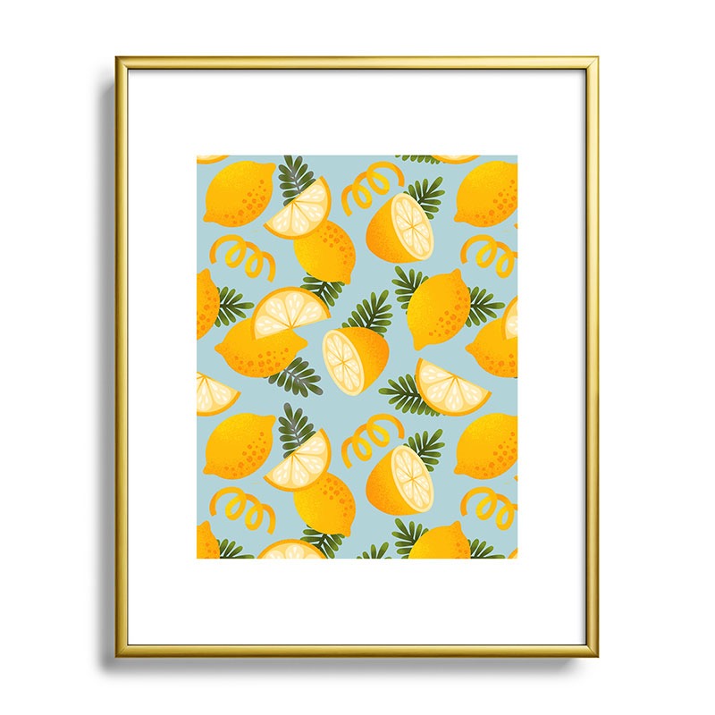 Jessica Molina Lemon Pattern on Sky Blue Metal Framed Art Print