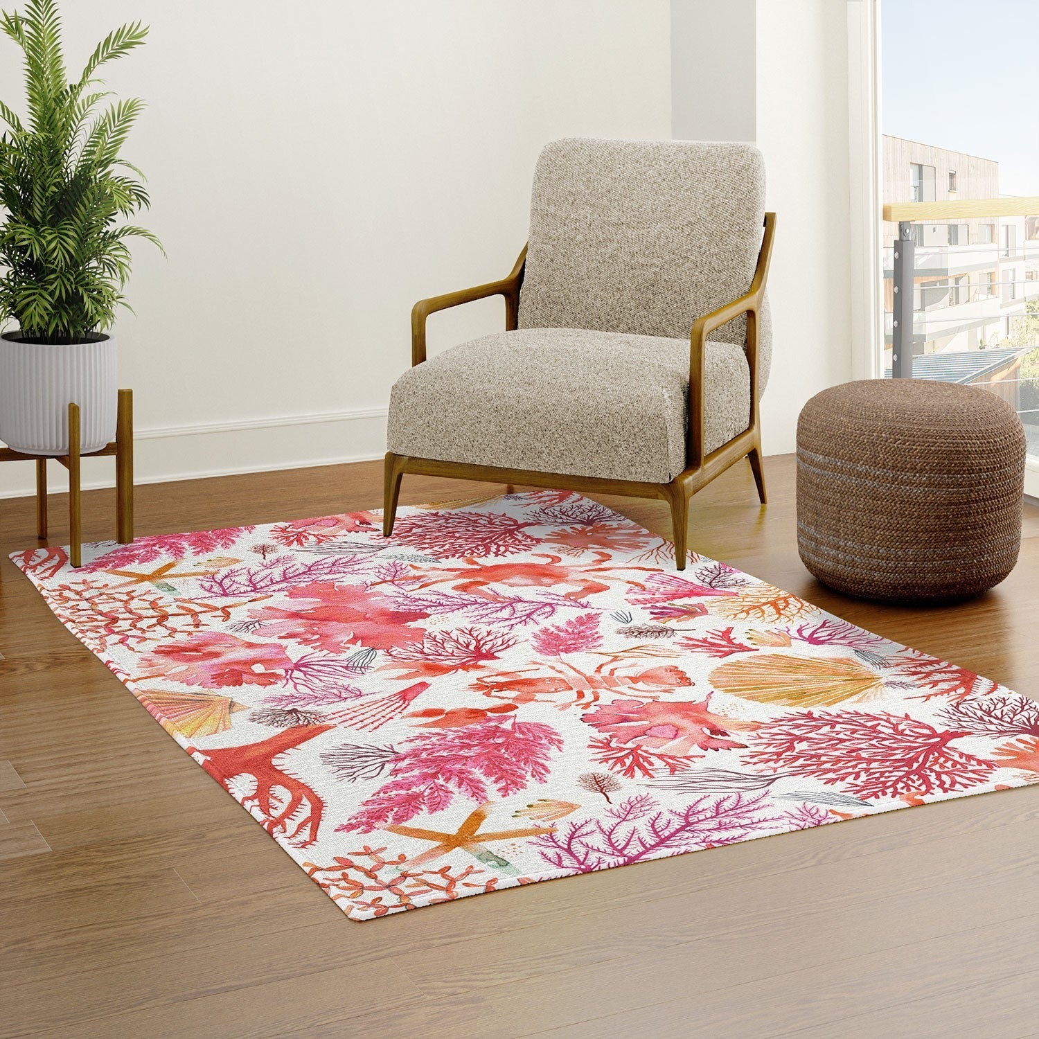 Ninola Design Botanic Retreat Coral Reef Crab Lobster Red Area Rug