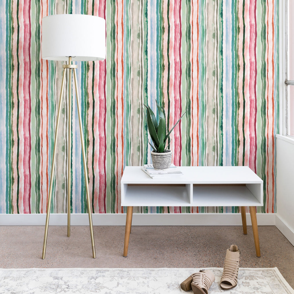 Ninola Design Botanic Retreat Watercolor Stripes Green Orange Red Wallpaper