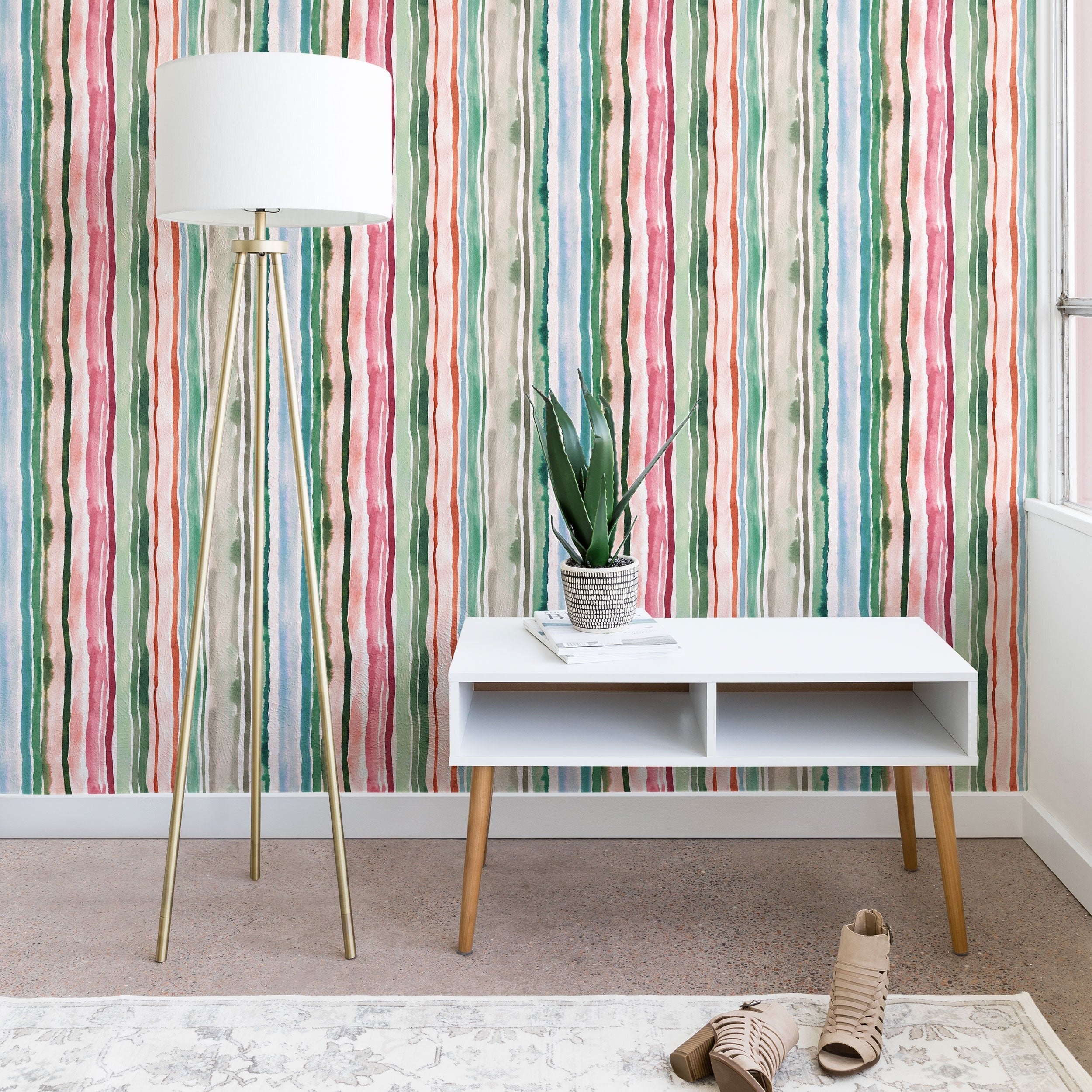 Ninola Design Botanic Retreat Watercolor Stripes Green Orange Red Wallpaper