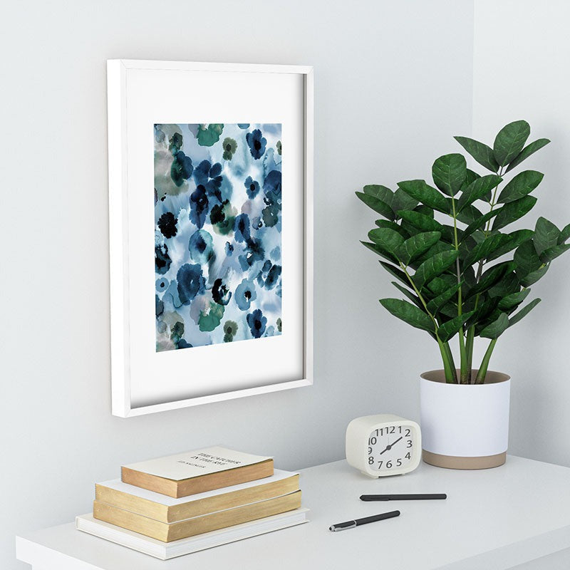 Ninola Design Botanic Retreat Ombre Abstract Watercolor Flowers Blue Navy Recessed Framing Rectangle