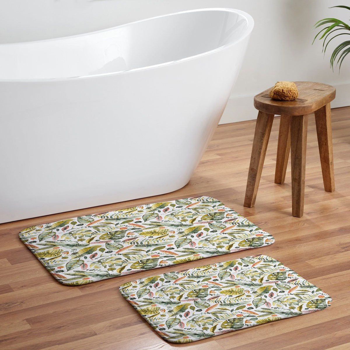 Ninola Design Botanic Retreat Tropical Jungle Leaves Botanical Green Orange Memory Foam Bath Mat