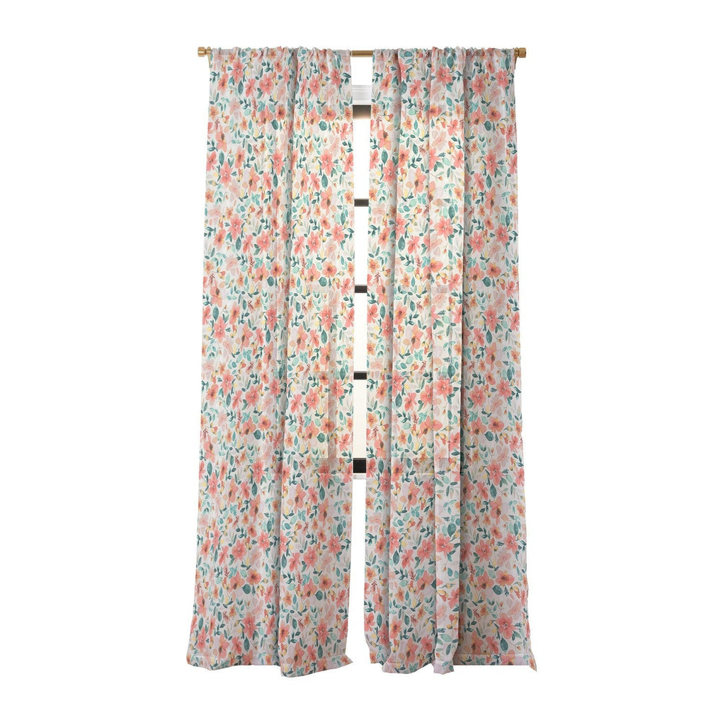 Ninola Design Botanic Retreat Tropical Whimsical Flowers Coral Green Sheer Window Curtain