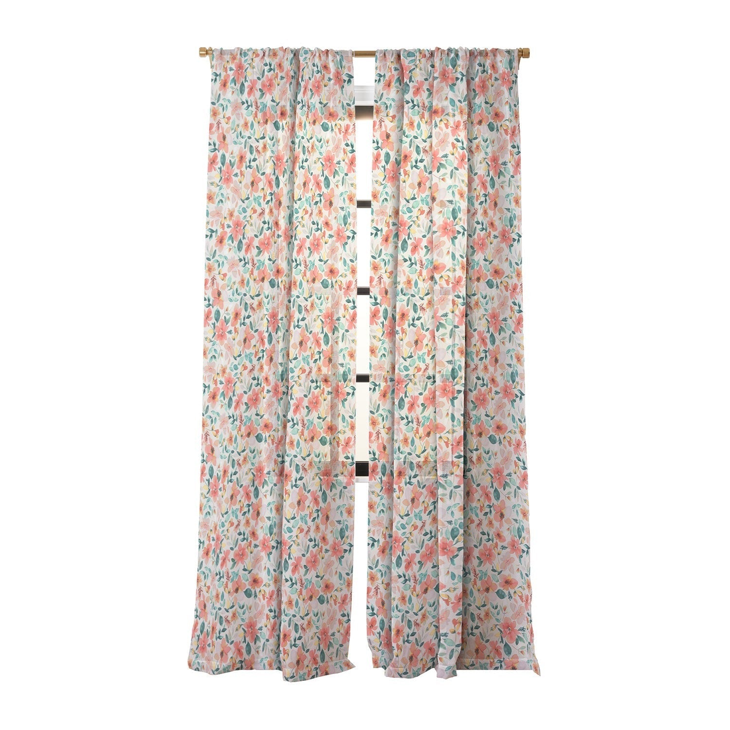 Ninola Design Botanic Retreat Tropical Whimsical Flowers Coral Green Sheer Window Curtain