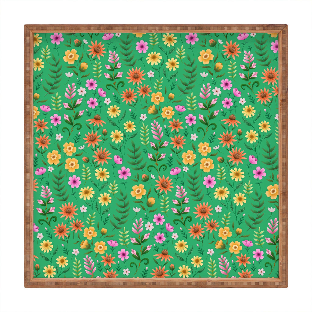 Pimlada Phuapradit Ditsy Spring Floral Green Square Tray
