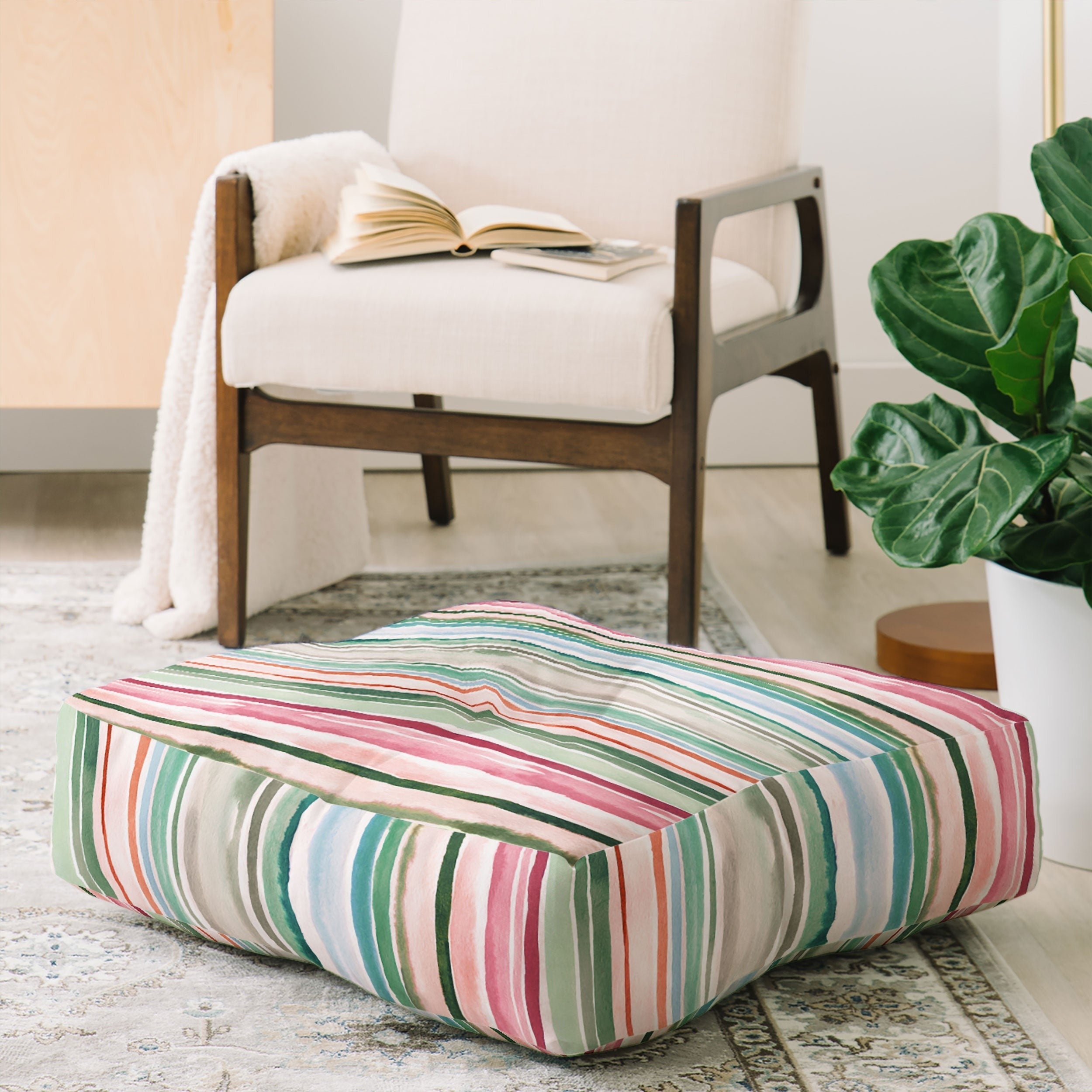 Ninola Design Botanic Retreat Watercolor Stripes Green Orange Red Floor Pillow Square